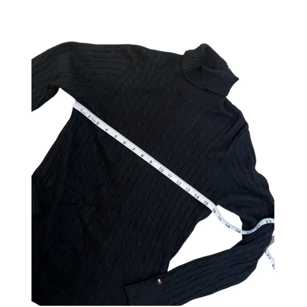 TOMMY HILFIGER Wool Alpaca Blend Black Cable Knit Fitted Turtleneck Sweater L - Picture 5 of 8
